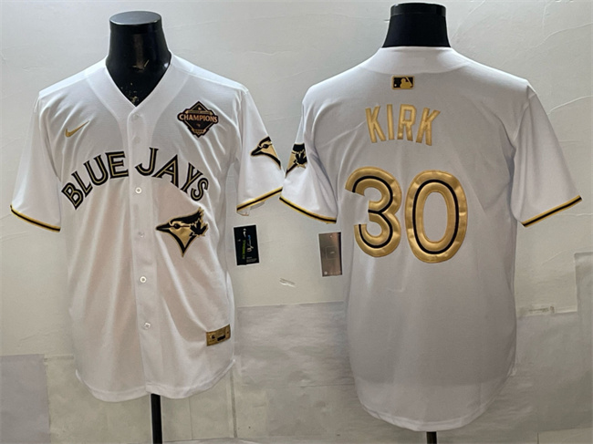 Personalized Men’s Toronto Blue Jays #30 Alejandro Kirk White Gold 2025 American League Champions Limited Stitched Baseball Jersey