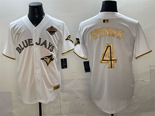 Personalized Men’s Toronto Blue Jays #4 George Springer White Gold 2025 American League Champions Limited Stitched Baseball Jersey
