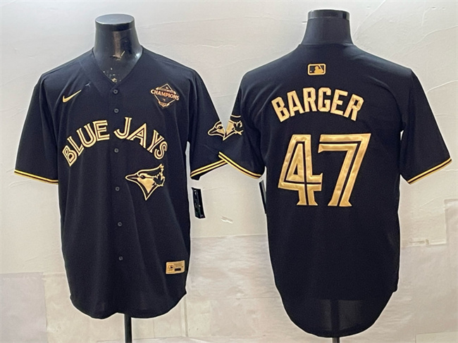 Personalized Men’s Toronto Blue Jays #47 Addison Barger Black Gold 2025 American League Champions Limited Stitched Baseball Jersey
