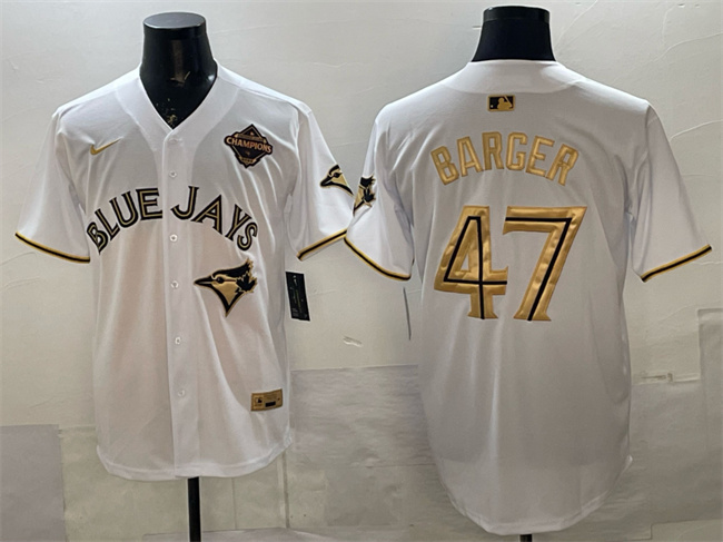 Personalized Men’s Toronto Blue Jays #47 Addison Barger White Gold 2025 American League Champions Limited Stitched Baseball Jersey