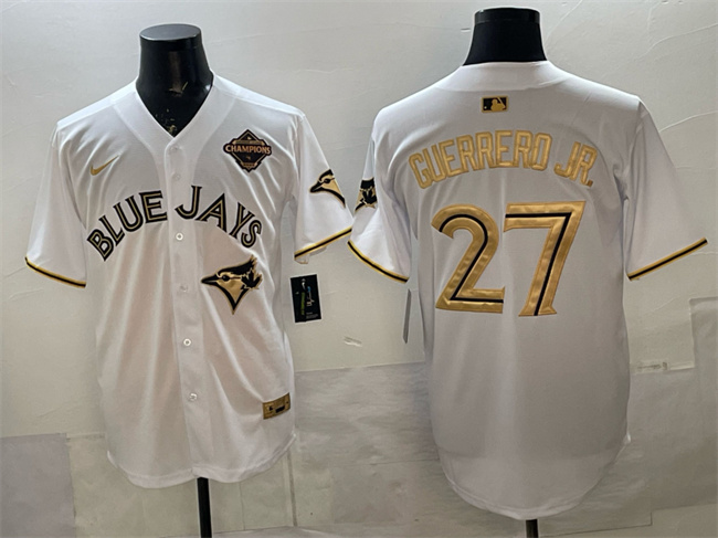 Personalized Men’s Toronto Blue Jays #27 Vladimir Guerrero Jr. White Gold 2025 American League Champions Limited Stitched Baseball Jersey