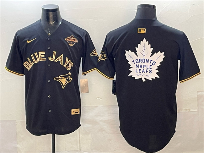 Personalized Men’s Toronto Blue Jays & Leafs Black Gold 2025 American League Champions With White Leafs Logo Limited Stitched Baseball Jersey