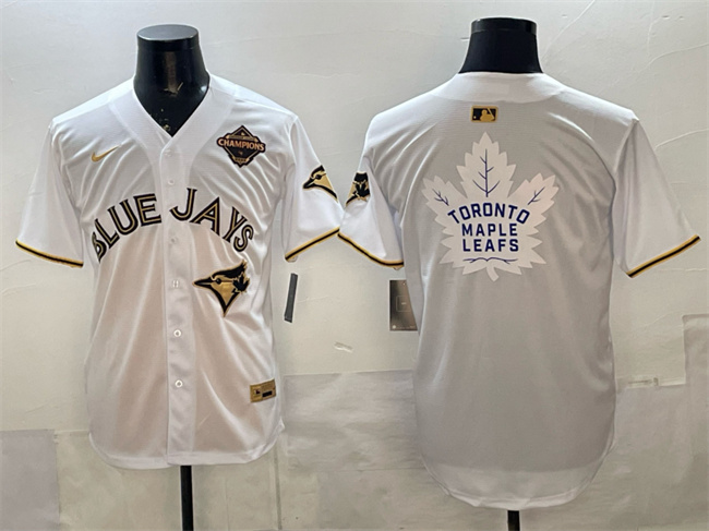 Personalized Men’s Toronto Blue Jays & Leafs Black Gold 2025 American League Champions With White Leafs Logo Limited Stitched Baseball Jersey 1