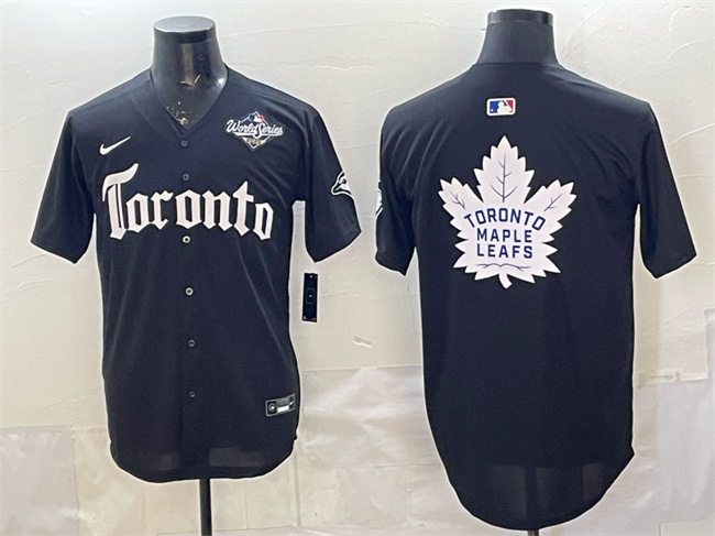 Personalized Men’s Toronto Blue Jays & Leafs Black 2025 World Series With White Leafs Logo Gothic North Edition Limited Stitched Baseball Jersey