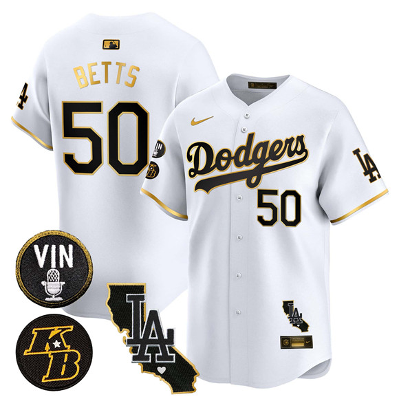 Personalized Men’s Los Angeles Dodgers #50 Mookie Betts White Gold 2025 Vin & Kobe Patch Limited V2 Stitched Baseball Jersey