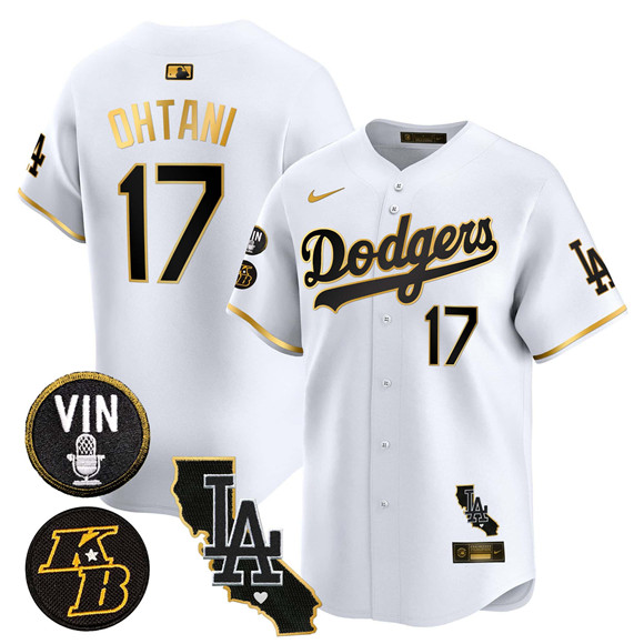 Personalized Men’s Los Angeles Dodgers #17 Shohei Ohtani White Gold 2025 Vin & Kobe Patch Limited V2 Stitched Baseball Jersey
