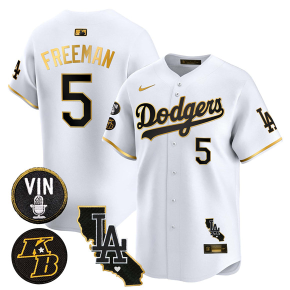 Personalized Men’s Los Angeles Dodgers #5 Freddie Freeman White Gold 2025 Vin & Kobe Patch Limited V2 Stitched Baseball Jersey