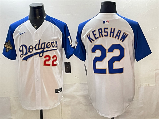 Personalized Men’s Los Angeles Dodgers #22 Clayton Kershaw White Royal 2025 World Series Champions Patch Limited Stitched Baseball Jersey