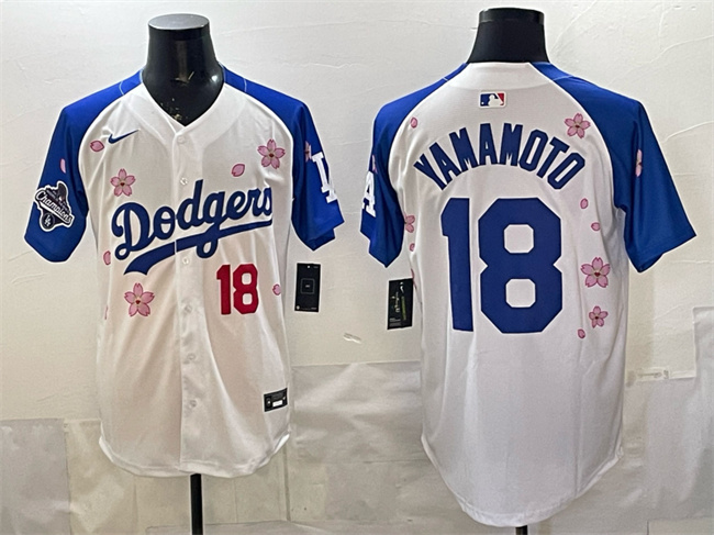 Personalized Men’s Los Angeles Dodgers #18 Yoshinobu Yamamoto White Royal 2025 World Series Champions Patch Tokyo Series Limited Stitched Baseball Jersey