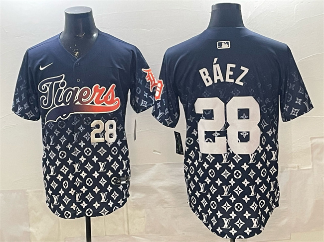 Personalized Men’s Detroit Tigers #28 Javier Baez Navy With Patch Premier Limited Stitched Baseball Jersey