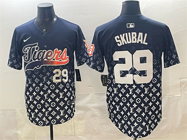 Personalized Men’s Detroit Tigers #29 Tarik Skubal Navy With Patch Premier Limited Stitched Baseball Jersey