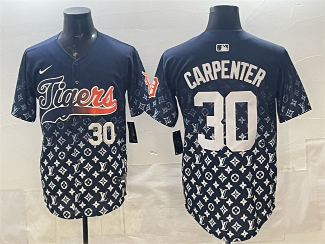 Personalized Men’s Detroit Tigers #30 Kerry Carpenter Navy With Patch Premier Limited Stitched Baseball Jersey