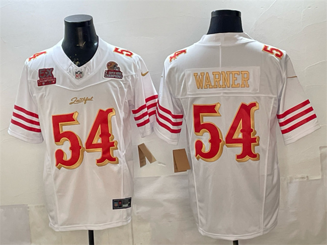 Personalized Men’s San Francisco 49ers #54 Fred Warner White Gold 2025 F.U.S.E. Rivalries 5x Super Bowl Champions Patch Limited Stitched Football Jersey