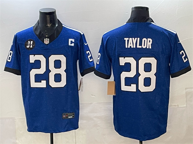 Personalized Men’s Indianapolis Colts #28 Jonathan Taylor Blue 2025 F.U.S.E. Jim Irsay Patch Throwback Limited Stitched Football Jersey