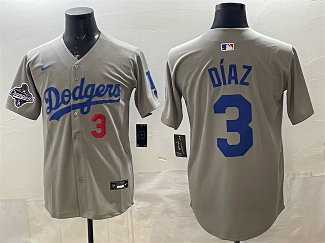 Personalized Mens Los Angeles Dodgers #3 Edwin Diaz Grey With 2025 World Series Champions Patch Limited Stitched Baseball Jersey