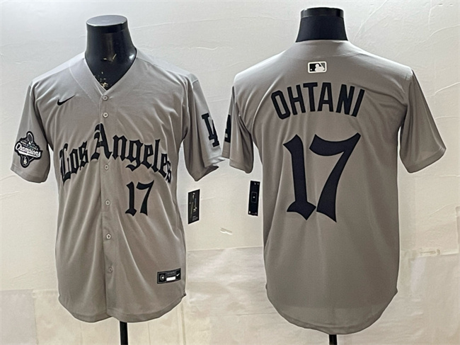 Personalized Men’s Los Angeles Dodgers #17 Shohei Ohtani Grey LA Gothic Style With 2025 World Series Champions Patch Limited Stitched Baseball Jersey