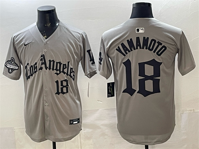 Personalized Men’s Los Angeles Dodgers #18 Yoshinobu Yamamoto Grey LA Gothic Style With 2025 World Series Champions Patch Limited Stitched Baseball Jersey