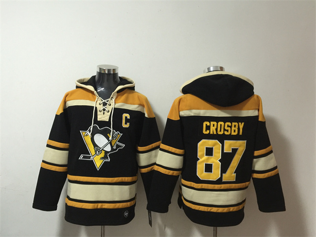 Personalized Men’s Pittsburgh Penguins #87 Sidney Crosby Black Lace-Up Pullover Hoodie