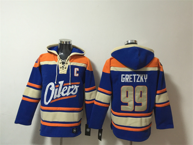 Personalized Men’s Edmonton Oilers #99 Wayne Gretzky Blue Lace-Up Pullover Hoodie