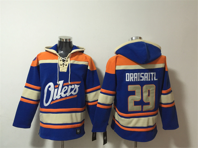 Personalized Men’s Edmonton Oilers #29 Leon Draisaitl Blue Lace-Up Pullover Hoodie