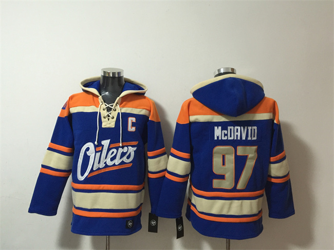 Personalized Men’s Edmonton Oilers #97 Connor McDavid Blue Lace-Up Pullover Hoodie