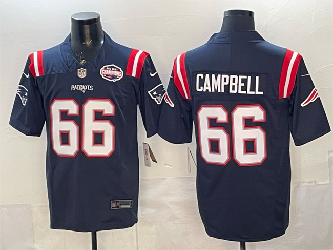 Personalized Men’s New England Patriots #66 Will Campbell Navy F.U.S.E. 2025 AFC East Championship Patch Limited Stitched Football Jersey