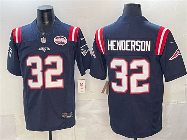 Personalized Men’s New England Patriots #32 TreVeyon Henderson Navy F.U.S.E. 2025 AFC East Championship Patch Limited Stitched Football Jersey