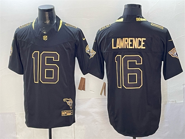 Personalized Men’s Jacksonville Jaguars #16 Trevor Lawrence Black Gold 2025 F.U.S.E. With Patch Untouchable Limited Stitched Jersey