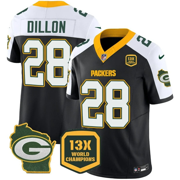 Personalized Men’s Green Bay Packers #28 AJ Dillon Black White 2023 F.U.S.E. Home Patch 13 Time World Champions Untouchable Limited Stitched Football Jersey