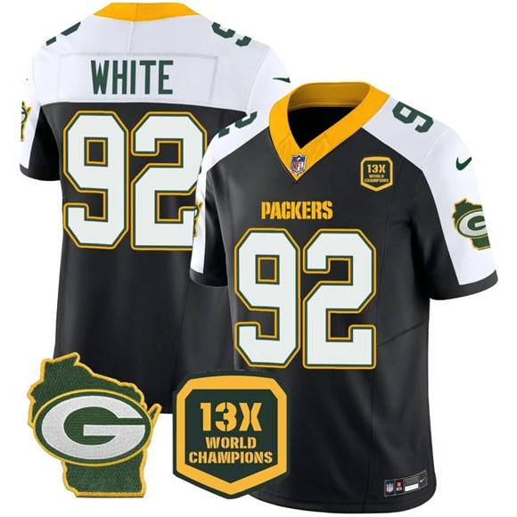 Personalized Men’s Green Bay Packers #92 Reggie white Black White 2023 F.U.S.E. Home Patch 13 Time World Champions Untouchable Limited Stitched Football Jersey