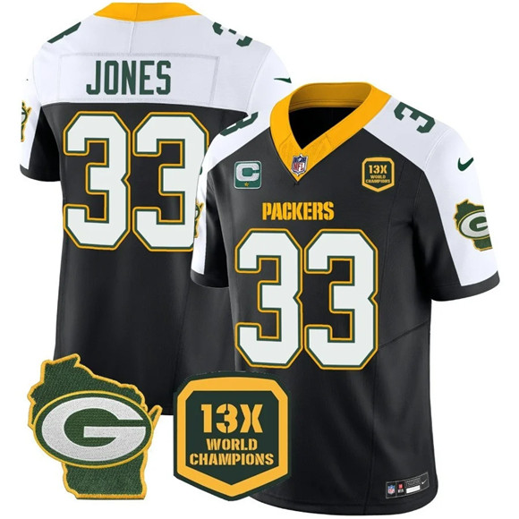 Personalized Men’s Green Bay Packers #33 Aaron Jones Black White 2023 F.U.S.E. Home With 1-Star C Patch 13 Time World Champions Untouchable Limited Stitched Football Jersey