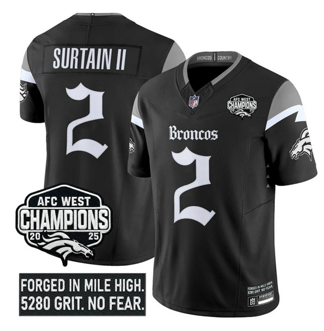 Personalized Men’s Denver Broncos #2 Patrick Surtain II Black F.U.S.E 2025 Afc West Champions Patch Gothic Mile High Shadows Edition Limited Stitched Football Jersey