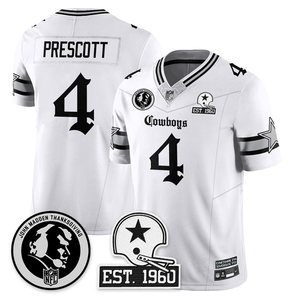 Personalized Men’s Dallas Cowboys #4 Dak Prescott White 2025 F.U.S.E. With John Madden Patch & Established In 1960 Patch Limited Stitched Football Jersey