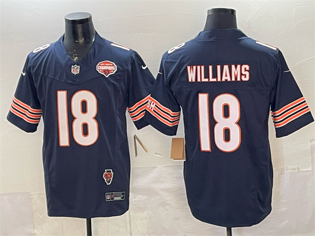 Personalized Men’s Chicago Bears #18 Caleb Williams Navy F.U.S.E. 2025 NFC North Champions & Illinois Patch Stitched Football Jersey