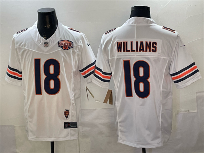 Personalized Men’s Chicago Bears #18 Caleb Williams White F.U.S.E. 2025 NFC North Division Champions & Illinois Patch Stitched Football Jersey