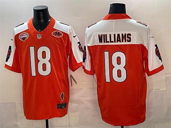 Personalized Men’s Chicago Bears #18 Caleb Williams Orange White F.U.S.E. 2025 NFC North Champions & VMH Patch Untouchable Limited Stitched Football Jersey