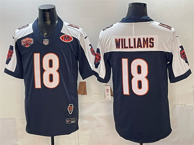 Personalized Men’s Chicago Bears #18 Caleb Williams Navy White F.U.S.E. 2025 NFC North Division Champions & VMH Patch Untouchable Limited Stitched Football Jersey