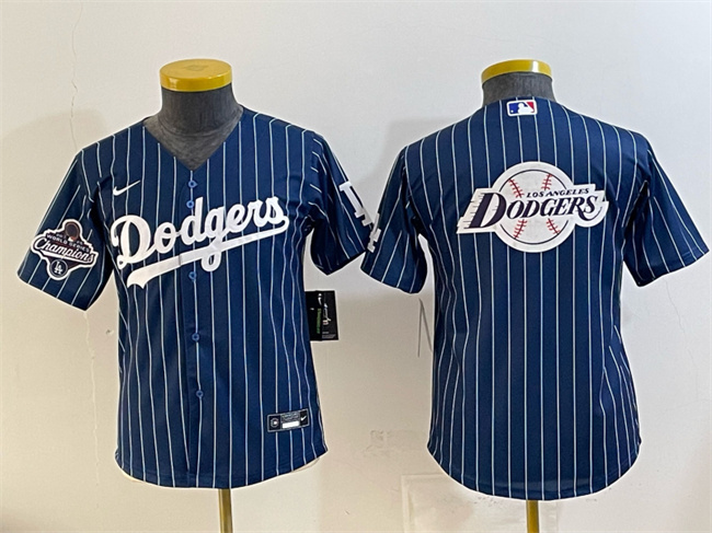 Personalized Youth Los Angeles Dodgers Team Big Logo Navy Pinstripe 2025 World Series Champions Patch Cool Base Stitched Baseball Jersey