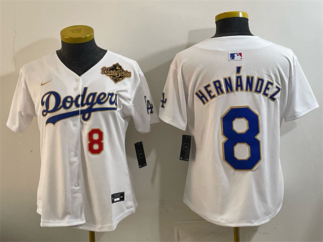Personalized Women’s Los Angeles Dodgers #8 Enrique Hernandez White 2025 World Series Patch Limited Stitched Baseball Jersey(Run Small)