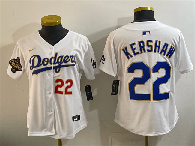 Personalized Women’s Los Angeles Dodgers #22 Clayton Kershaw White 2025 World Series Champions Patch Limited Stitched Baseball Jersey(Run Small)
