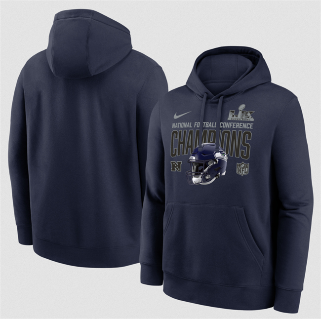 Personalized Men’s Seattle Seahawks Navy 2025 NFC Champions Glory Shield Hoodie