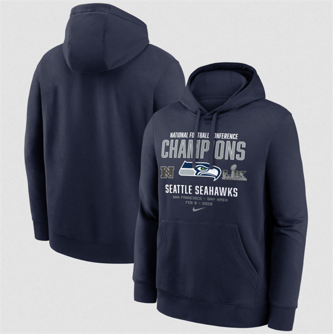 Personalized Men’s Seattle Seahawks College Navy 2025 NFC Champions Team Nation Hoodie