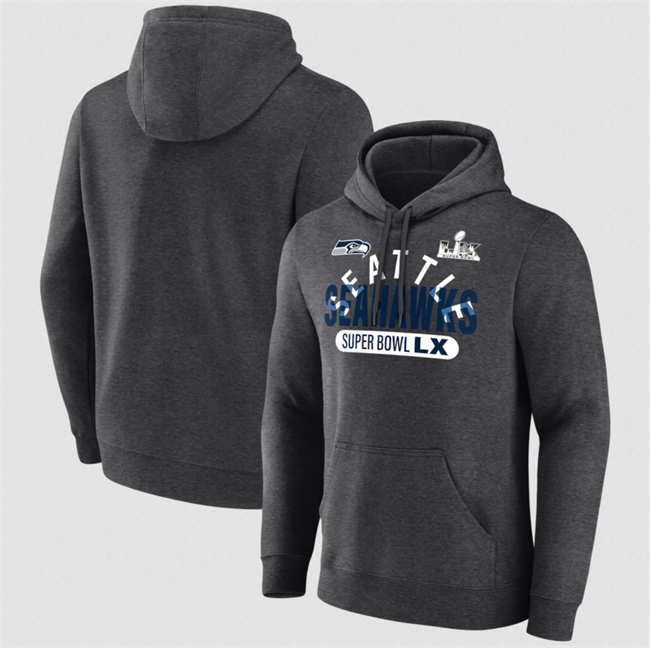 Personalized Men’s Seattle Seahawks Heather Charcoal 2025 Super Bowl LX Game Plan Hoodie