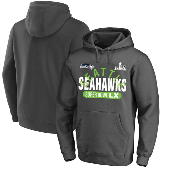 Personalized Men’s Seattle Seahawks Charcoal 2025 Super Bowl LX Big & Tall Game Plan Hoodie