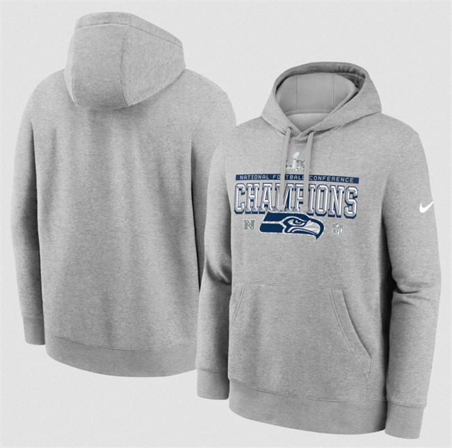 Personalized Men’s Seattle Seahawks Heather Gray 2025 NFC Champions Locker Room Trophy Collection Hoodie