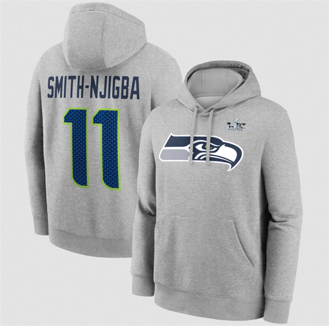 Personalized Men’s Seattle Seahawks #11 Jaxon Smith-Njigba Heather Gray 2025 Super Bowl LX Patch Name & Number Hoodie