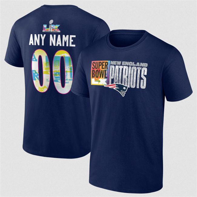 Personalized Men’s New England Patriots Navy 2025 Super Bowl LX Name & Number T-Shirt