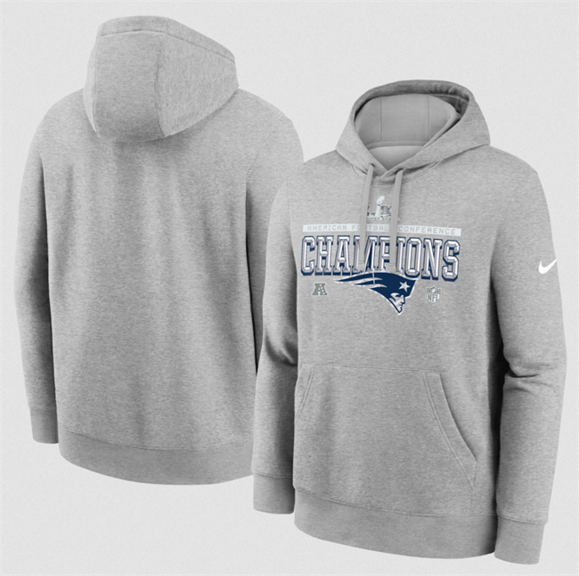 Personalized Men’s New England Patriots Heather Gray 2025 AFC Champions Locker Room Trophy Collection Hoodie