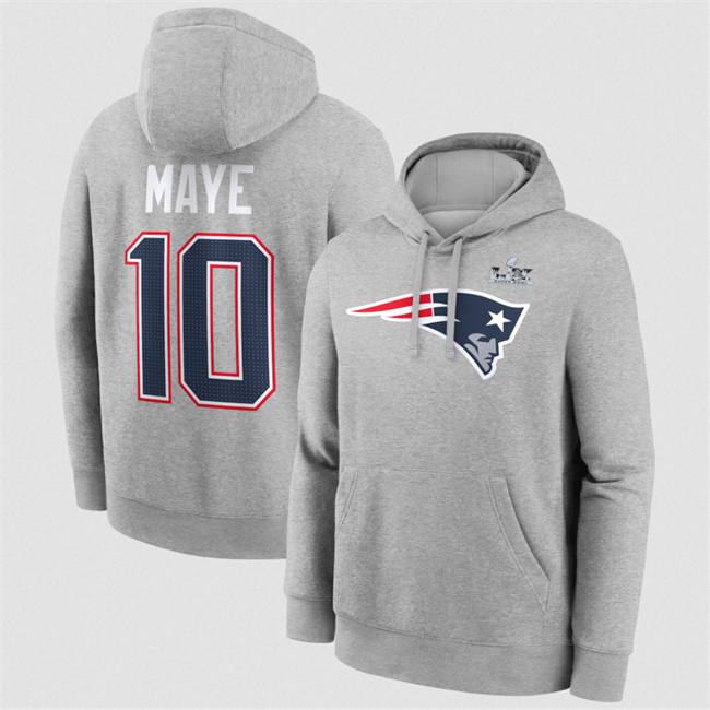 Personalized Men’s New England Patriots #10 Drake Maye Heather Gray 2025 Super Bowl LX Patch Name & Number Hoodie