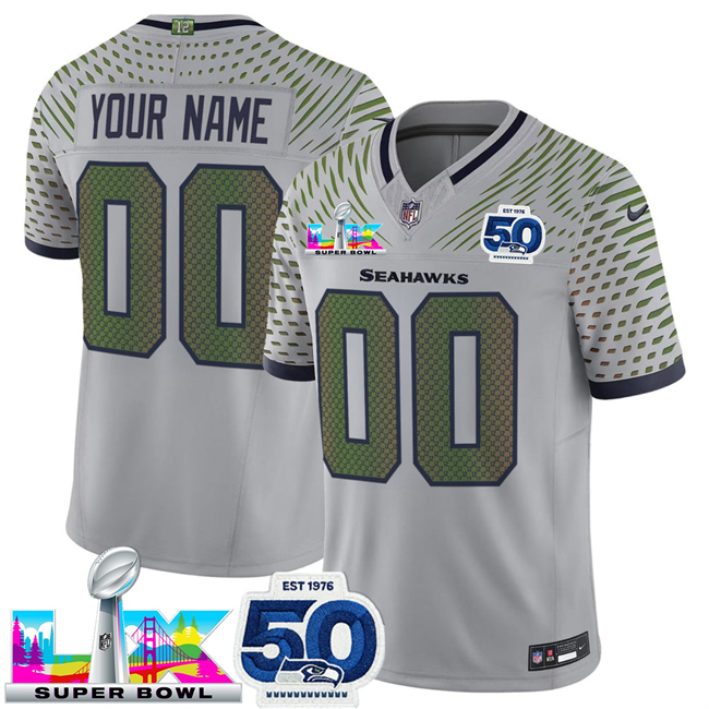 Personalized Men’s Seattle Seahawks Active Player Grey 2025 F.U.S.E. Super Bowl LX Patch And 50th Season Patch Rivalries Limited Stitched Football Jersey
